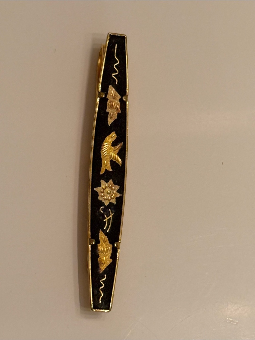 Vintage damascene Gold and Black Enamel Bar Brooch - Women Jewelry